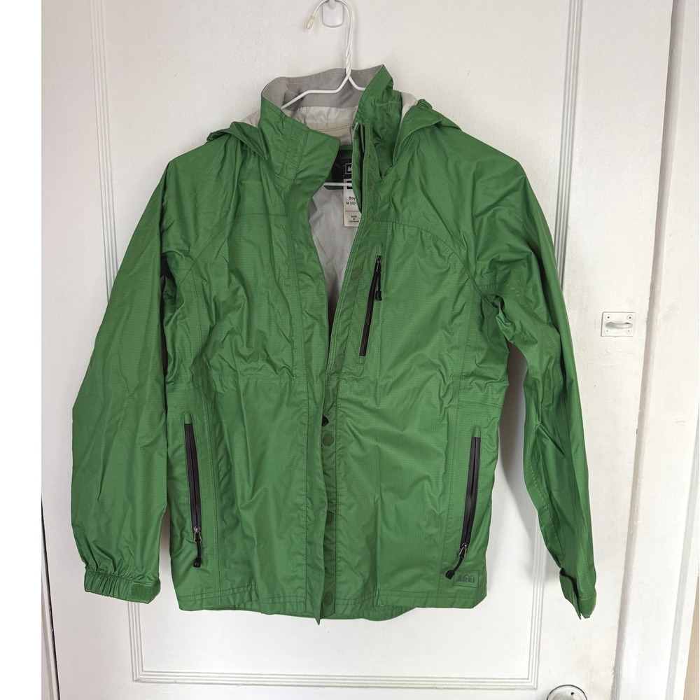 REI Co-op Youth Green Hooded Rain Jacket Size Medium 10-12 Ripstop Shell
